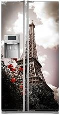 Naklejka na lodówkę side-by-side - Czerwone róże na tle Wieży Eiffla 0041