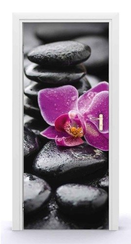 Naklejka na drzwi - Fioletowy kwiat i kamienie 0671