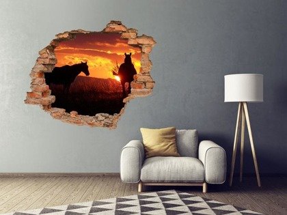 Naklejka na ścianę Dziura 3D Konie w blasku zachodzącego słońca 0425